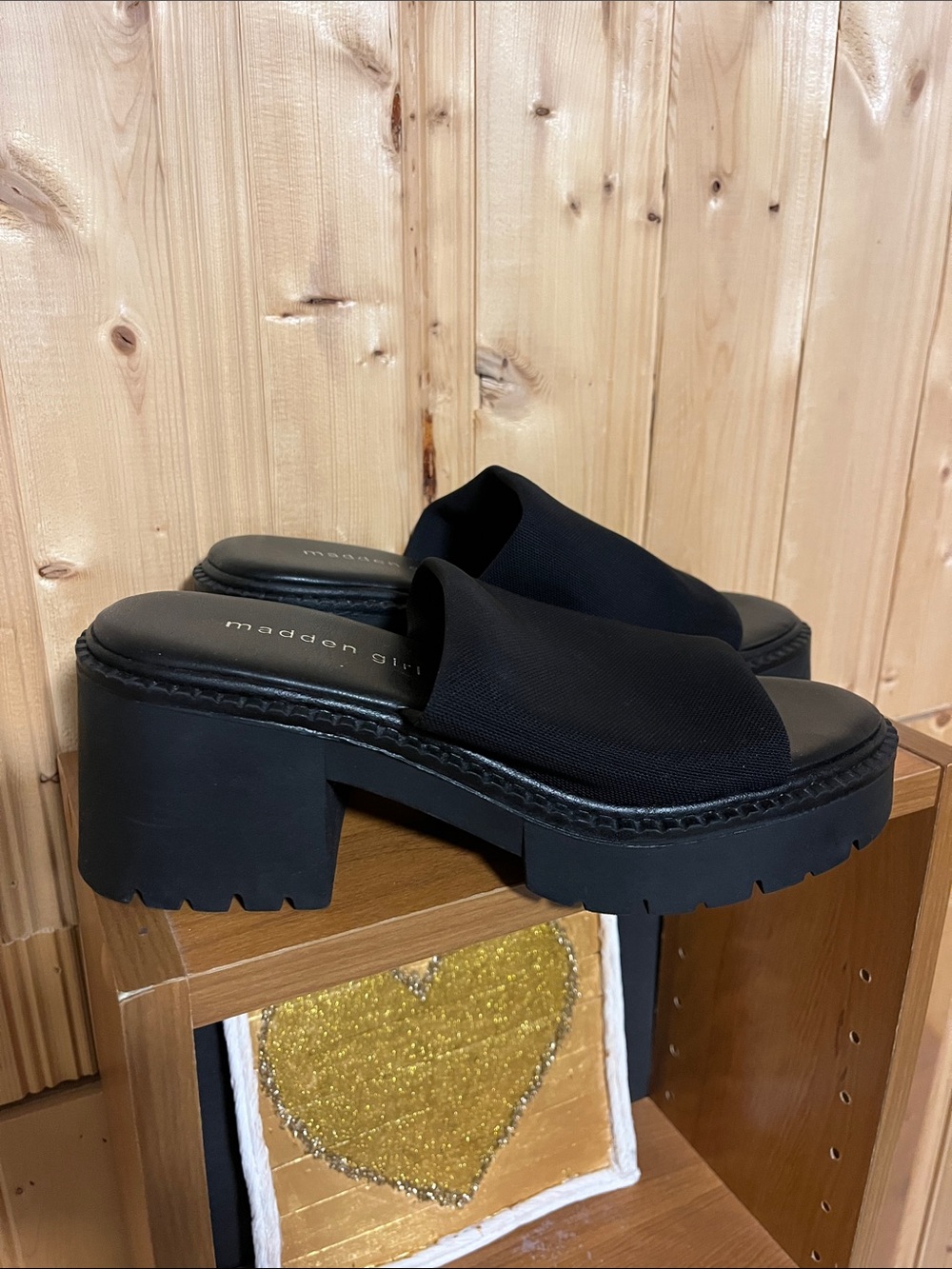 Madden Girl Black Chunky Platform Slide Mules